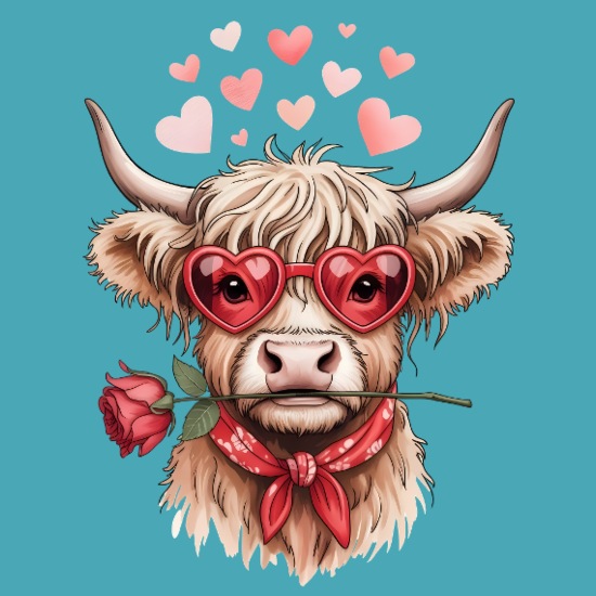 Highland Cow Valentine Heart Glasses Vintage Washed Rope Cap