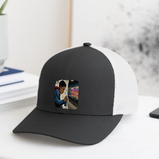 AI Teen in Underground Subway Layup -Masked Border Flexfit Fitted Baseball Cap